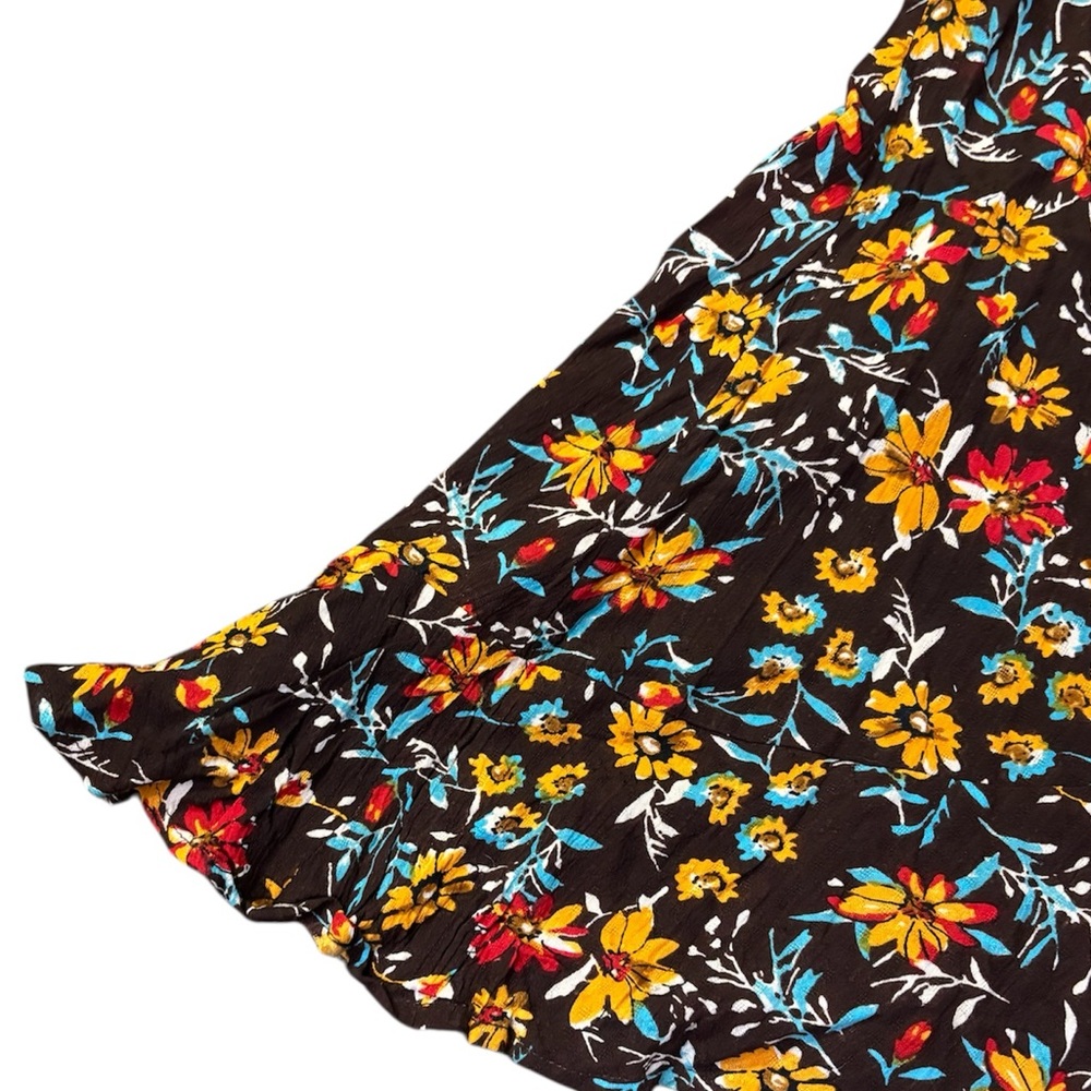 Band of the Free Brown Marigold Floral Print Mini Wrap Dress Smocked Ruffle XS - Picture 7 of 16